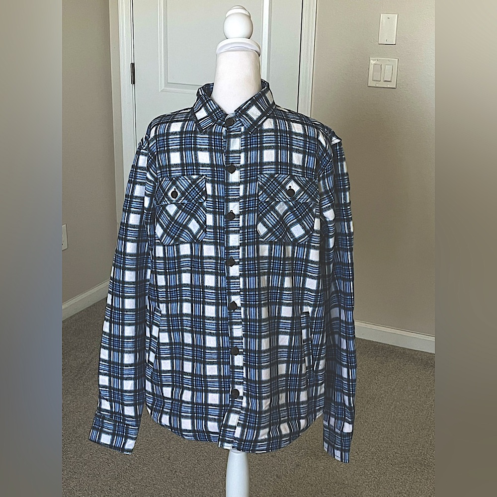 NWT River Trail Blue and White Plaid Shirt Jacket with Sherpa Lining Size Large